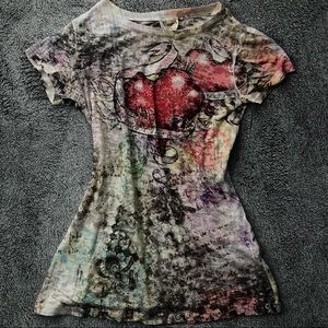 Cyber y2k tattoo Vocal heart mesh bedazzled rhinestone tee